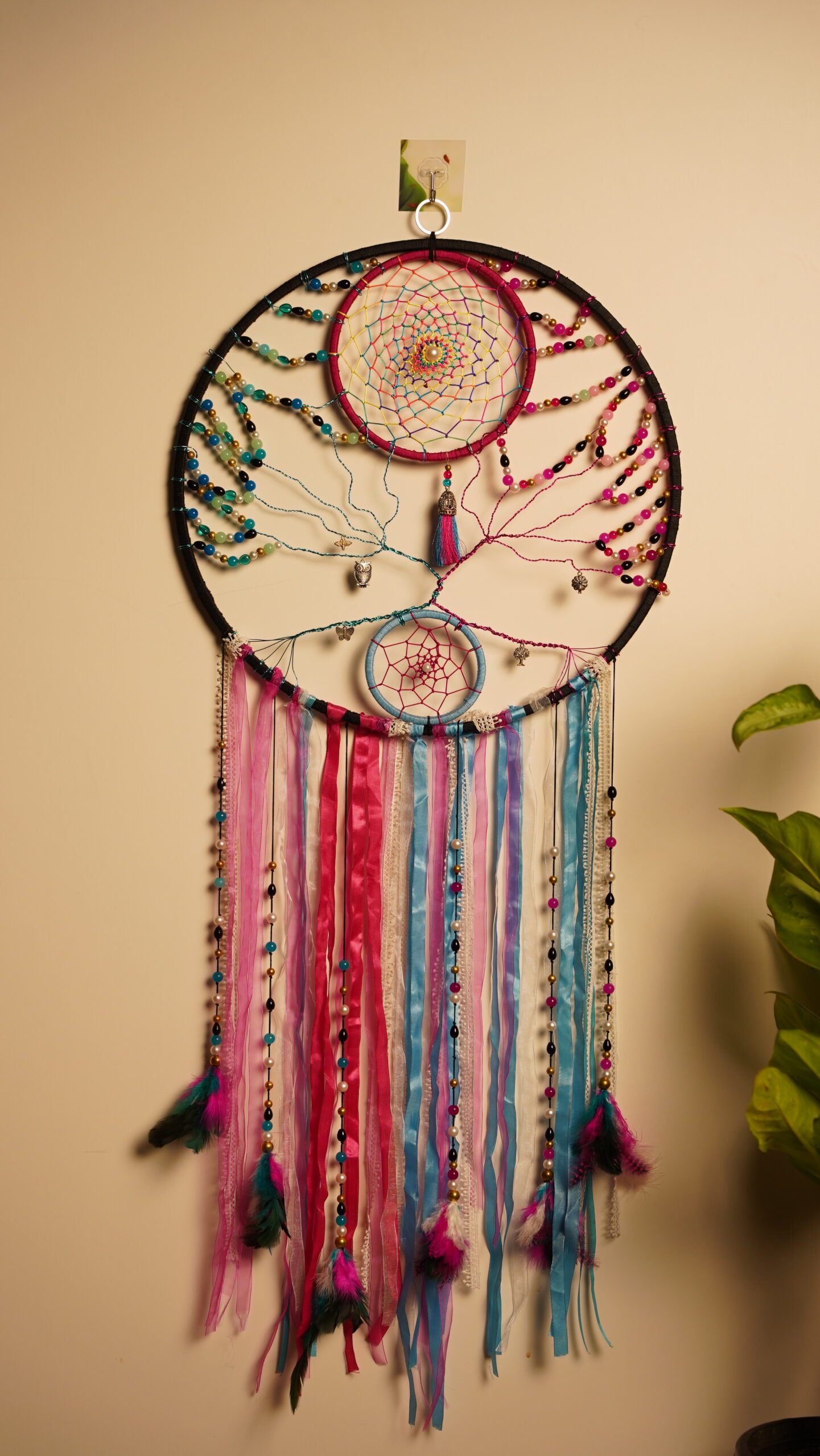 Handmade Pink and Blue Tree Dreamcatcher for Wall Decoration